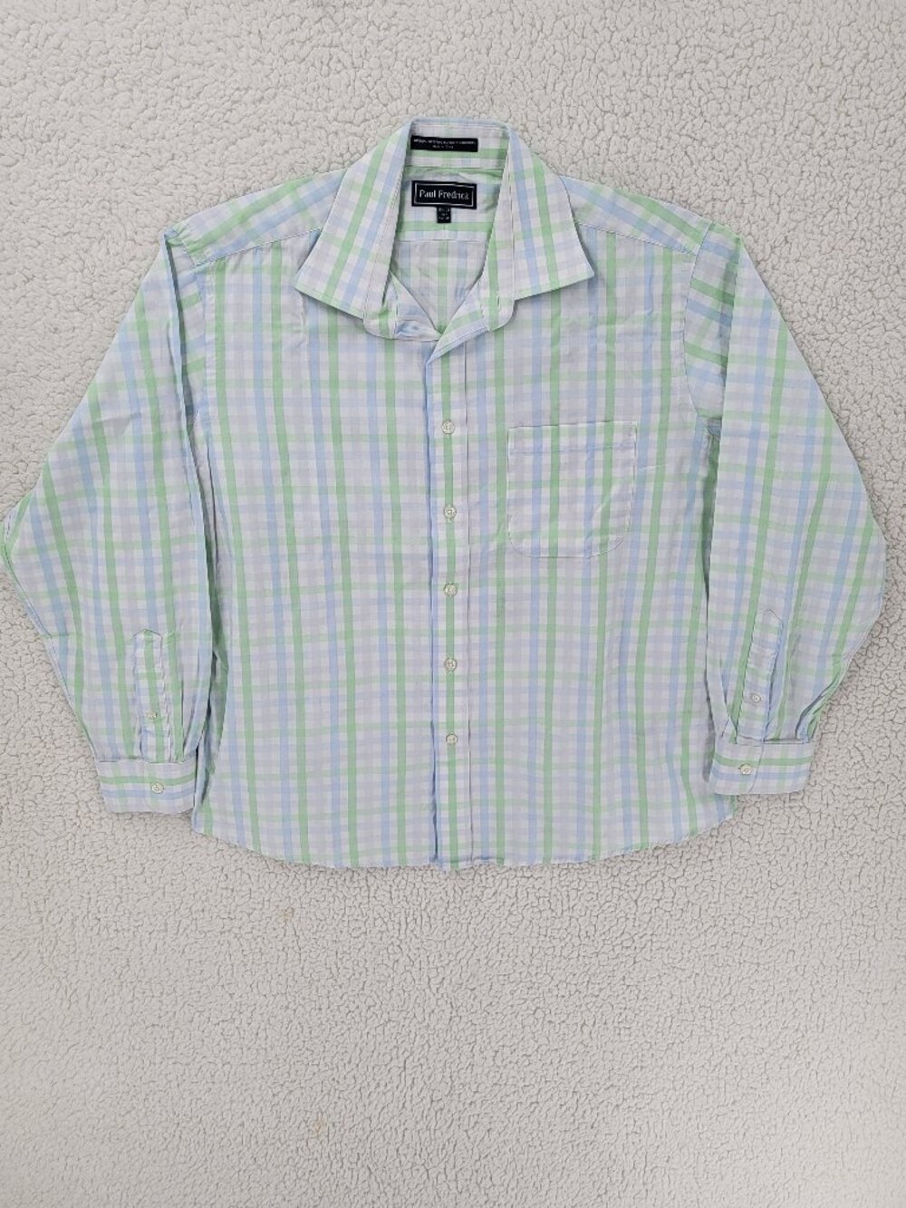Paul Fredrick Men's Dress Shirt Size 16.5 34 Plaid Blue Green 100% Cotton LS